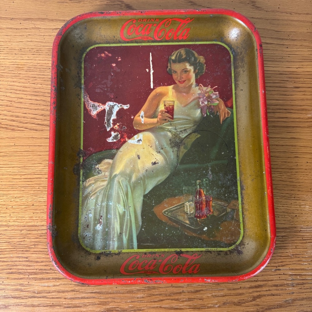 Vintage 1936 Coca Cola Metal Serving Tray Lady in White Dress Coshocton OH